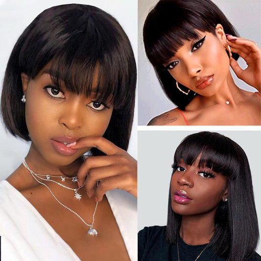 100% Human Hair Short Straight Bob Wig With Bangs